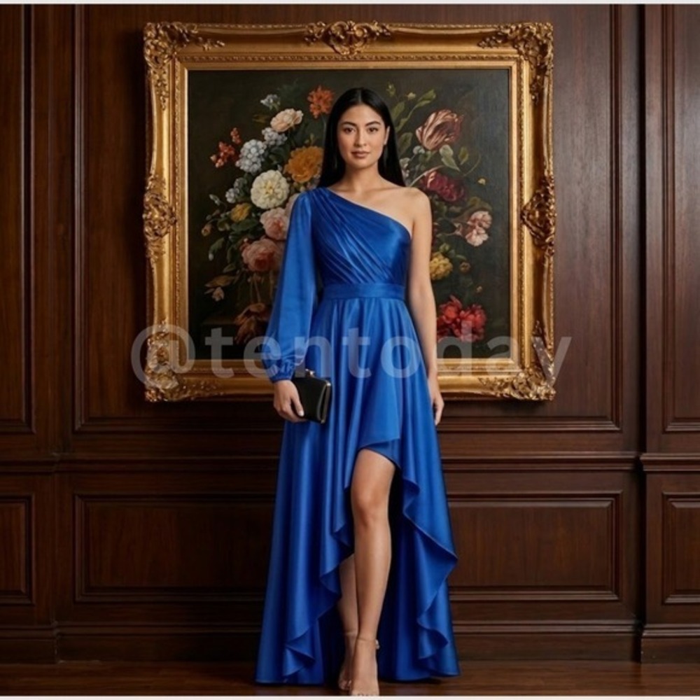 Mac Duggal Size 2 Cobalt Blue One Shoulder Satin High Low Long Gown Maxi Dress
